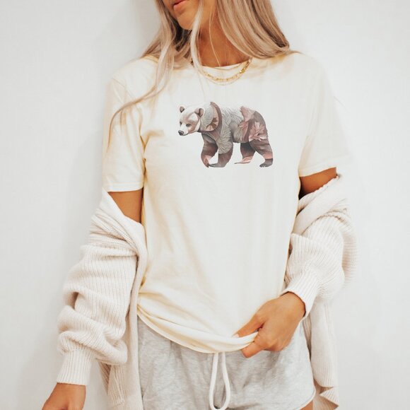 Bear Graphic Shirt Earth Tone Forest Animal Leaf Art Boho Style Fall Shirt - Picture 3 of 6